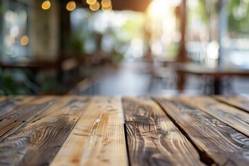 Wall Mural - Empty wooden table at cafe with blurry background lively image