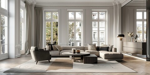 Wall Mural - Stylish living room with wide panoramic windows, interior design, background, wallpaper.