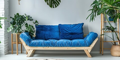 Wall Mural - Interior design, living room, blue sofa and tropical plants, stylish, template, background, wallpaper.