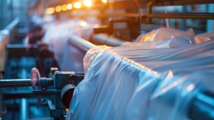 Wall Mural - A close-up of a polyethylene plastic bag production machine highlighted by a lighting effect, depicting the industrial process of plastic bag manufacturing