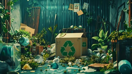 A conceptual visualization of ecology and zero waste featuring a recycling sign and items made from biodegradable materials