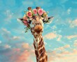 A playful chubby giraffe adorned with a garland of multicolored roses under a bright, contrasting sky