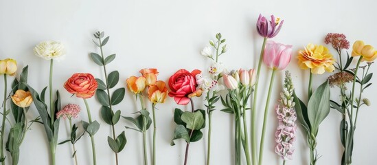 Poster - Fresh flowers arranged in a flat lay on a white surface