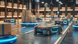 © Orxan - A futuristic 3D concept of an automated retail warehouse is depicted with AGV robots delivering cardboard boxes, highlighting automated guided vehicles for logistics in a distribution center