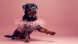 A majestic Rottweiler in a pink tutu skirt posing gracefully against a soft pink backdrop, quirky and stylish.