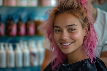 Poster - Satisfied and happy female hairdresser doing haircut for a young pinkhaired customer in beauty salon