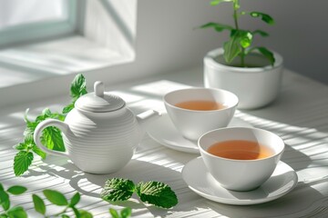 Sticker - Herbal tea served in white teacups with teapot focusing on tea concept