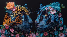 A Dark Blue And Yellow Panther And A Black Panther With Blue Flowers In Their Fur Facing Each Other With A Dark Background.