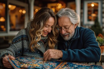 Wall Mural - A couple sits together on their backyard patio, engrossed in a lively conversation as they work on a jigsaw puzzle, their faces lit up with joy and camaraderie as they bond over this relaxing hobby