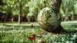 Environmental Protection: Earth-like sphere, ball, butterfly, in a forest, on the ground amidst a green forest, with detailed continental shapes resembling a vintage globe