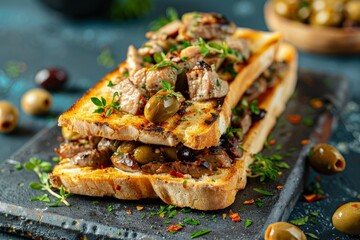 Wall Mural - Grilled sandwich with pate chicken liver and olives on blue surface