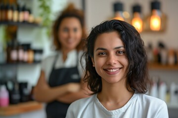 Poster - Satisfied and happy blonde female hairdresser and client with wavy blonde hairdo in beauty salon