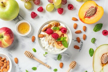 Sticker - Healthy fruit and yogurt bowl with various toppings on white background top view