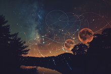 Planetary Alignment: Multiple Exposures Showing The Alignment Of Planets In The Night Sky, Tech Style