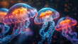 Colorful glowing jellyfish in the dark ocean background, 3D rendering, closeup shooting. Created with Ai