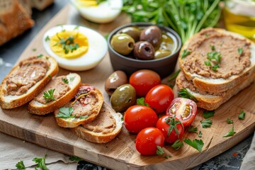 Wall Mural - Homemade pate olives tomatoes eggs and bread slices on wooden board