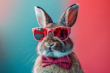 An adorable image of a stylish bunny wearing pink glasses against a vibrant turquoise and red background