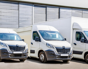 white delivery service van truck fleet of cargo trucks courier service cars in front of factory warehouse