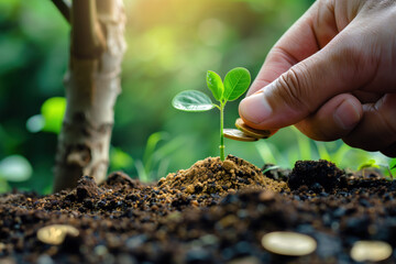 Investment growth concept with coins and young plant in soil.