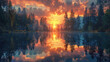 The sun rises over the forest, reflecting on the calm waters of the lake. A serene scene of a sunrise in summer or spring in a beautiful natural background with sunlight and mist. Created with Ai