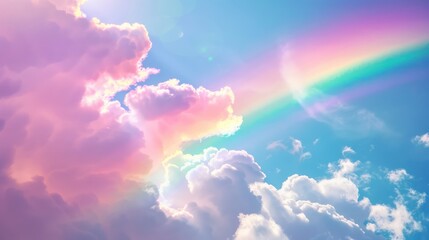 Poster - rainbow in the sky fluffy shining clouds , cotton, pink purple pastel colors