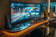 A desk displaying two monitors and a game controller, creating a high-tech entertainment center for gaming and work purposes. Generative AI