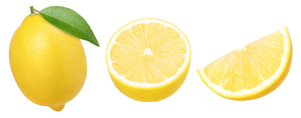 Canvas Print -  ripe  lemon fruit with leaves, slice and half isolated, Fresh and Juicy Lemon, transparent PNG, PNG format