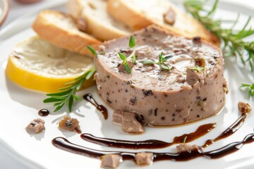 Canvas Print - Liver pate with bread and jam citrus meat terrine duck pate with baguette on white plate Meat appetizer from restaurant