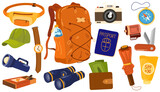 Fototapeta Pokój dzieciecy - Everyday carry stuff for travel. Tourist bag and accessories set. Backpack content, essentials, things, supplies and equipment. Flat graphic vector illustration isolated on white background