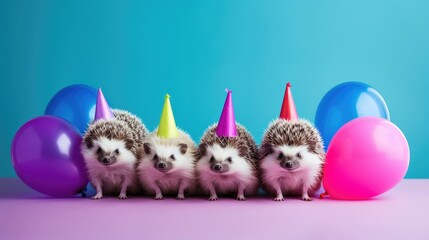 Wall Mural - Hedgehog in a group, vibrant bright fashionable outfits isolated on solid background advertisement, birthday party invite invitation banner 