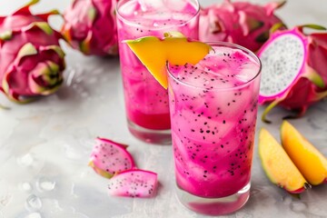 Canvas Print - Mango dragonfruit drink on marble table with ice cubes Pitahaya fruits