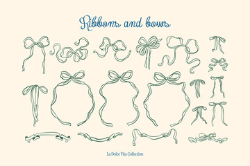 Minimalist hand drawn ribbons and bows vector illustration collection. Art for greeting cards, wedding invitations, poster design, postcards, branding, logo design, background.