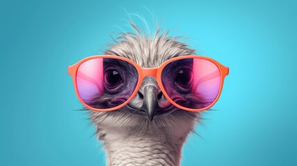 Wall Mural - Ostrich bird in sunglass shade glasses isolated on solid pastel background, advertisement, surreal surrealism