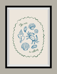 Minimal hand drawn vector seashells illustration with aesthetic quote in a poster frame