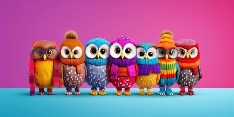 Wall Mural - owl bird in a group, vibrant bright fashionable outfits isolated on solid background advertisement, birthday party invite invitation banner