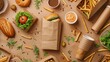 Kraft paper eco-friendly food packaging laid out on a light brown background, showcasing sustainable and recyclable paperware in a street food context