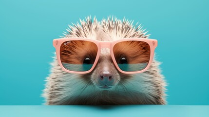 Wall Mural - Porcupine in sunglass shade glasses isolated on solid pastel background, advertisement, surreal surrealism