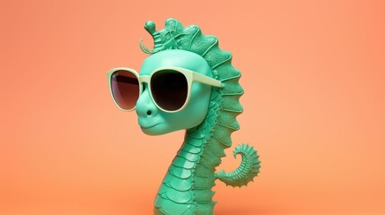 Wall Mural - Seahorse in sunglass shade glasses isolated on solid pastel background, advertisement, surreal surrealism 