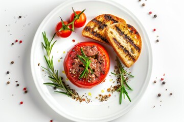 Wall Mural - Tomato meat pate with truffle crumbs on grilled crouton white background Healthy top view