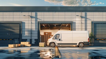 Wall Mural - The exterior of a logistics warehouse, with an open door and a delivery van loaded with cardboard boxes, illustrates the delivery of online orders and wholesale merchandise