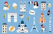 Set of famous symbols, landmarks of Paris. Hand drawn vector icon set