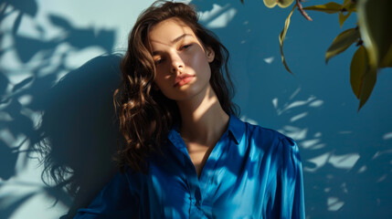 Wall Mural - A female model wearing a blue tencel dress with a simple background,long sleeves