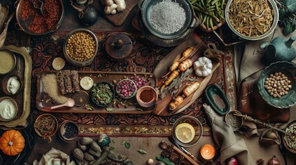 Wall Mural - flat lay food table with dishes from the Far East, 16:9