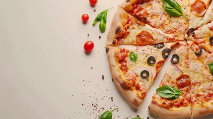 Wall Mural - flat lay tasty pizza, copy and text space, 16:9