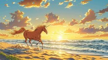 In The Golden Hour, A Horse Gallops Along A Beach, Its Mane Flowing With The Wind Against A Backdrop Of Waves , High Quality