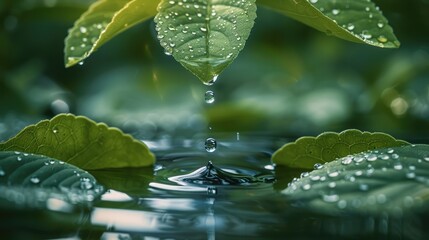 Poster - A drop of water falling off a leaf. Generative AI.