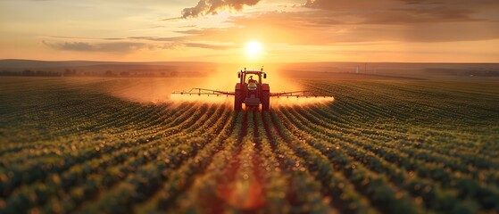 Wall Mural - Sunset Symphony Over Spraying Soybeans. Concept Landscapes, Agriculture, Nature, Farming