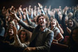 Excited people cheering in a lecture hall. AI generative