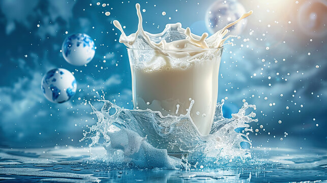 Poster World Milk Day, 1 June , a glass of milk with cattle and grass nature blur effect background , space for text , card , banner, poster 
