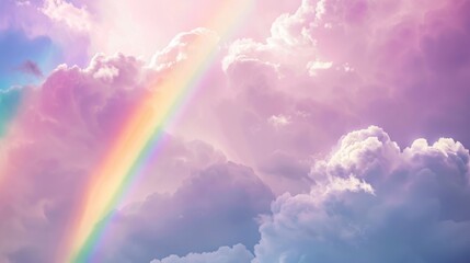 Poster - rainbow in the sky fluffy shining clouds , cotton, pink purple pastel colors